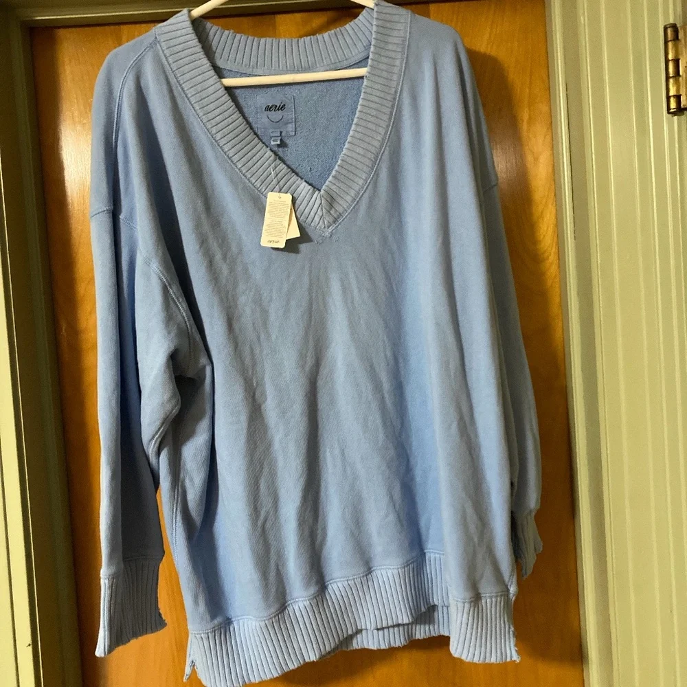 NWT Aerie Oversized Pull Over Pullover V Neck Sweater Medium 100% Cotton - Picture 1 of 8
